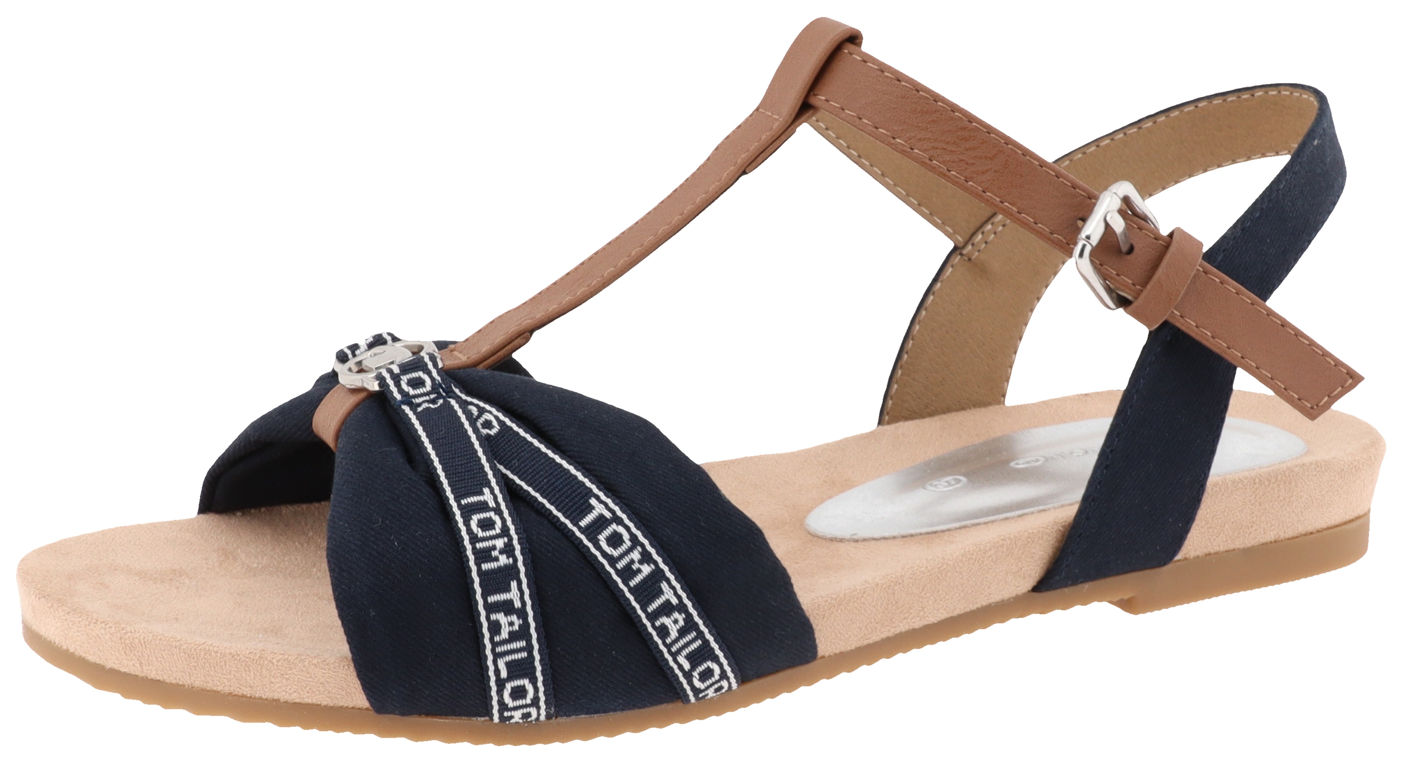 Sandalette TOM TAILOR, Damen, Gr. 38, blau (navy), Lederimitat, Textil, Schuhe Sandalette, Sommerschuh, Sandale, Blockabsatz, mit verstellbarer Schnalle
