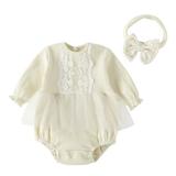 Qufokar Infant Girl Baby Girls Tops Baby Girls Boys Lace Autumn Long Sleeve Romper Bodysuit Headbands Clothes