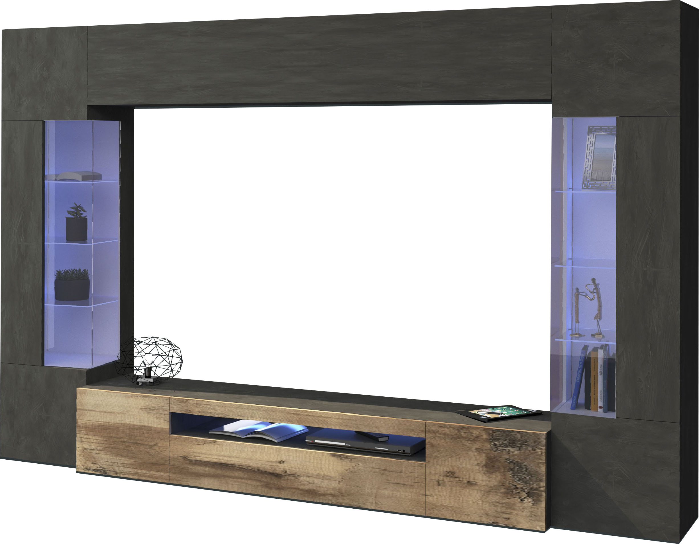 Wohnwand OTTO HOME "New Egypt", grau (zement ahorn pereira), B:290cm H:191,2cm T:40cm, Spanplatte, Kastenmöbel-Sets, Wohnwand, bestehend aus 2 Stauraumvitrinen, 1 Lowboard, 1 Hängeschrank