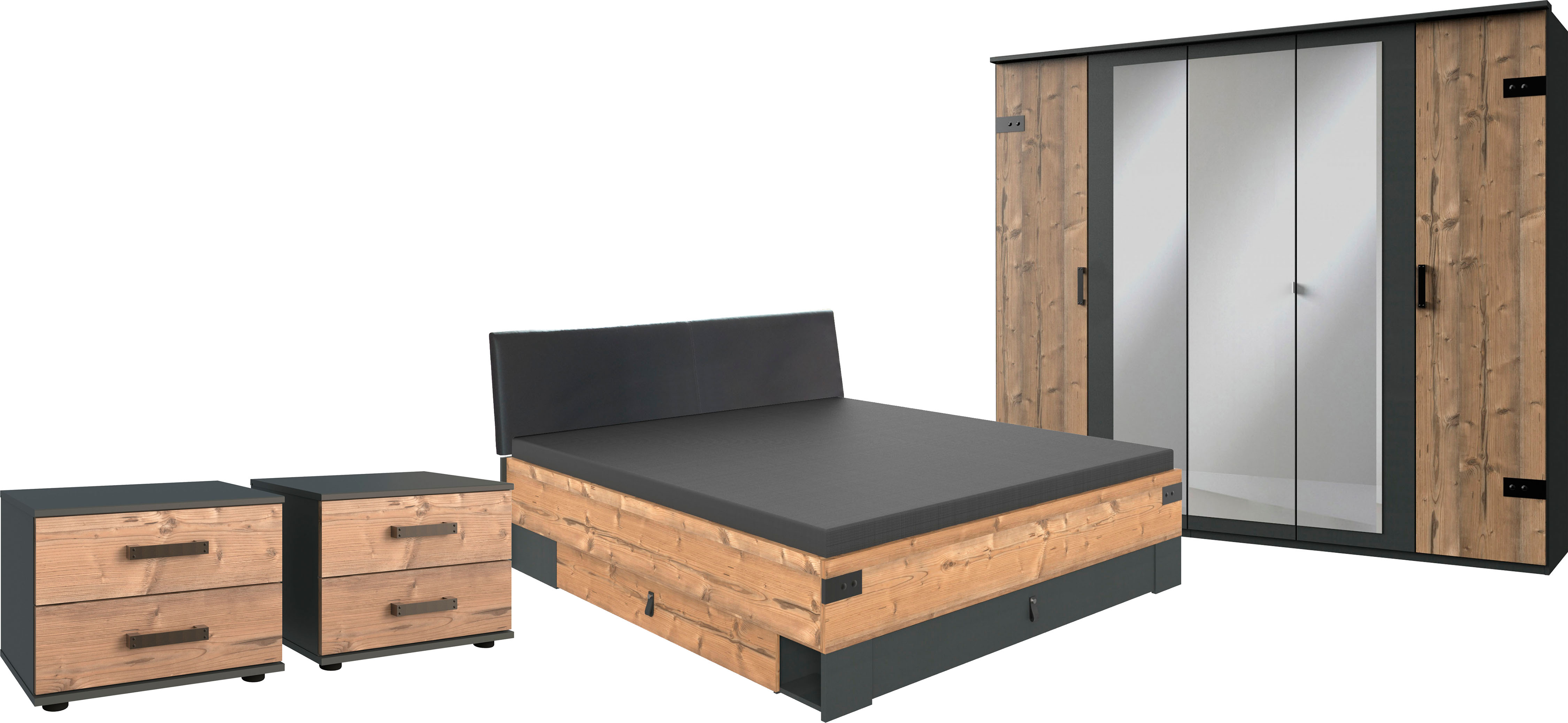 Schlafzimmer-Set WIMEX "Stockholm, rustikaler Look im Industrial Design", grau (graphit, abgesetzt silber fir, nachbildung), B:189cm H:96cm T:210cm, Holzwerkstoff, Spanplatte, Schlafzimmermöbel-Sets, 6-teilig