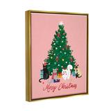 The Holiday Aisle® Merry Christmas Holiday Cats - Floater Frame Graphic Art on Canvas in Green/Pink/White | 21 H x 17 W x 1.7 D in | Wayfair