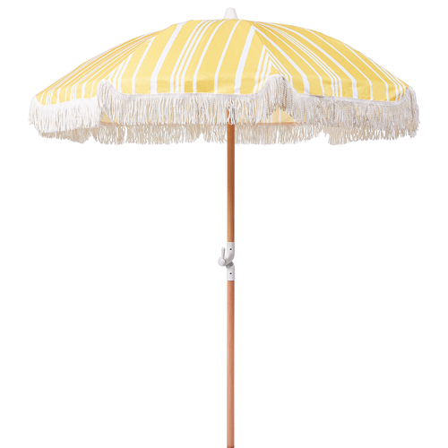 Sonnenschirm Gelb Stoff-Bespannung Rund ⌀ 150 cm mit Volant Regenschutz Holzmast Neigungsfunktion Kurbel Boho Garten Outdoor Balkon Terrasse