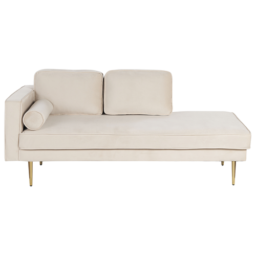 Chaiselongue Linksseitig Beige Samtstoff Metallfüße Gold mit Zierkissen Récamiere Modern Glamour Wohnzimmer Schlafzimmer Büro Sitzmöbel