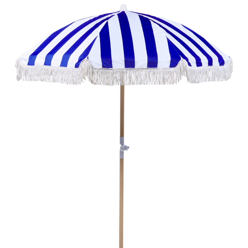 Sonnenschirm Blau Stoff-Bespannung Rund ⌀ 150 cm mit Volant Regenschutz Holzmast Neigungsfunktion Kurbel Boho Garten Outdoor Balkon Terrasse