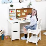 DSstyles Wooden Study Desk and Chair for Kids White Learning Table with Bookshelf Bulletin Board and Cabinets for Boys and Girls 3-8 Y