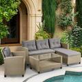 4 Piece Patio Furniture Set with Loveseat Sofa Lounge Chair Wicker Chair Coffee Table All-Weather Outdoor Conversation Set with Cushions for Backyard Porch Garden Poolside L4981