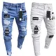 Jean skinny déchiré extensible pour motard 3 styles imprimé de broderie trou détruit coupe