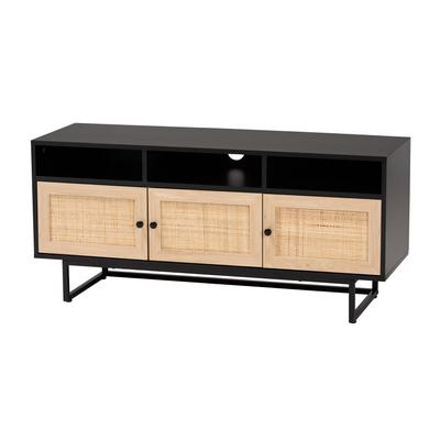 Declan Mid-Century Modern Espresso Brown Finished Wood And Natural Rattan 3-Door Tv Stand by Baxton Studio in Espresso Brown Black