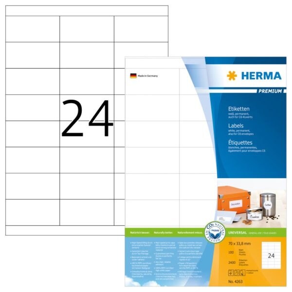 HERMA PREMIUM Etiketten 70 x 33,8 mm, 2.400 Etiketten, weiß, matt, permanent haftend, Blattformat: DIN A4 Image