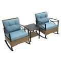 HOMEFUN 3-Piece Rocking Chair Lounge Set Outdoor Rattan Rocking Chair Blue Set (1 Wicker Table And 2 Chairs) Outdoor Rattan Sofa With Blue Cushions Rockable Seat Bottom Set