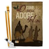 Breeze Decor BD-NT-HS-114111-IP-BO-D-US16-SB 28 x 40 in. Let Us Adore Him Winter Nativity Impressions Decorative Vertical Double Sided House Flag Set & Pole Bracket Hardware