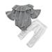 OLLUISNEO Newborn Baby Girls Romper Outfits 9 Months Girl Fall Clothing Set 12 Months Off-shoulder Flared Sleeve Jumpsuit Ripped Elastic Pants 2 PCS Set Gray White