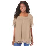 Plus Size Women's Embroidered Lace Crinkle Top by Roaman's in New Khaki (Size 18 W)