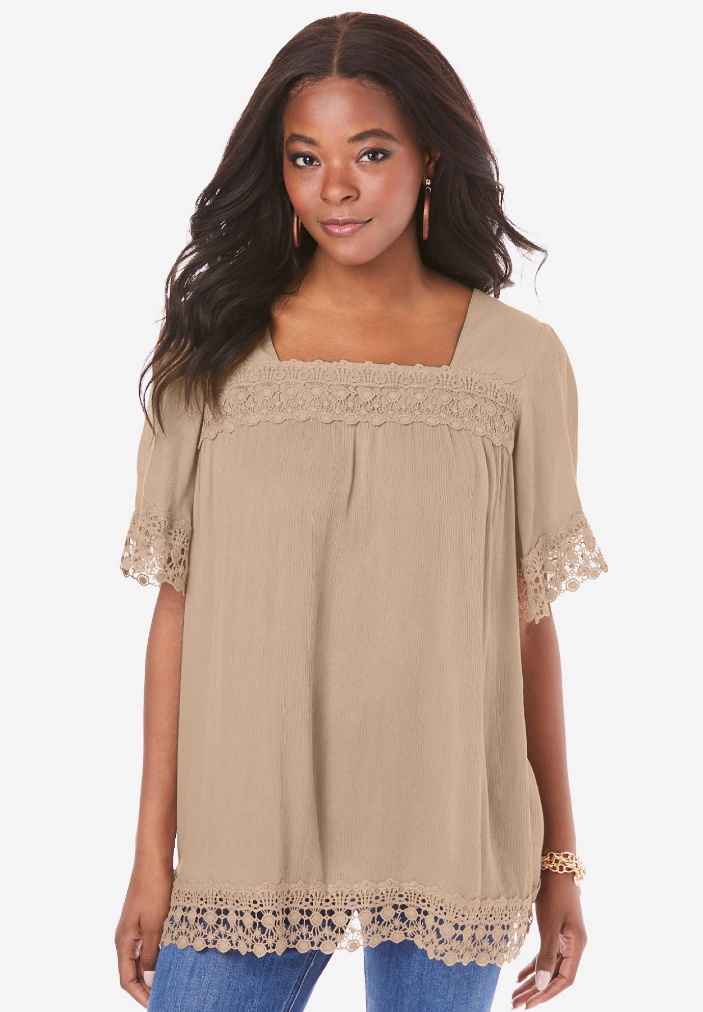 Plus Size Women's Hand Crinkled Embroidered Lace Top by Roaman's in New Khaki (Size 30 W)