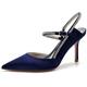 Womens Wedding Shoes Ladies Strappy Diamante Satin Bridal Stilettos 8.5CM Thick High Pointed Toe Buckle Strap Sandals,Dark Blue,2.5 UK