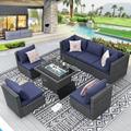 NICESOUL7 Pcs Outdoor Wicker Sofa Set with Fire Pit Table Dark Gray/Navy
