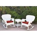 Jeco W00213-2-RCES018 Windsor White Wicker Rocker Chair & End Table Set with Brick Red Cushion