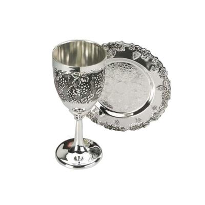 Kiddush Cup Set 4 oz. Silver Plated Cup - 5" H Plate 4" D - Multi-Color