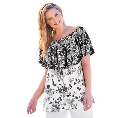 Plus Size Women's Off Shoulder Ruffle Tee by Woman Within in Black Mix Print (Size 22/24) Shirt