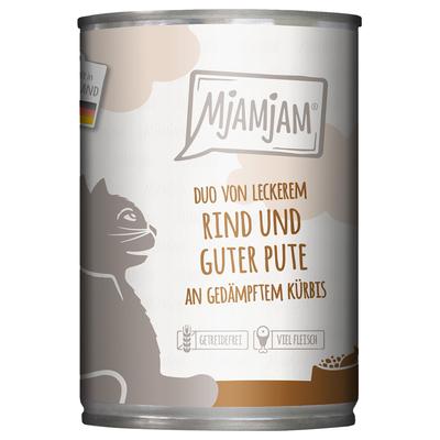 24x 400g MjAMjAM Duo leckeres Rind & gute Pute an gedämpftem Kürbis Katzenfutter nass