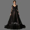 Robe de mariée noire gothique à manches longues robe de Rhen dentelle sexy robes de gala