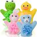 Dosaele 4 Pieces Bath Pouf Puff Animal Design Loofahs Kids Exfoliating Bath Scrubber Body Scrubber Shower Ball for Baby Toddler Kids Gentle Exfoliating Bath Sponge Loofah Pouf in Colorful Design