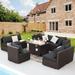 NICESOUL 9 Pcs Outdoor Furniture with Fire Pit Table Wicker Patio Sectional Sofa Set Espresso/Black