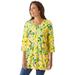 Plus Size Women's Perfect Printed Three-Quarter-Sleeve V-Neck Tunic by Woman Within in Primrose Yellow Painterly Bloom (Size 22/24)