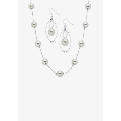 Women's Simulated Pearl Silvertone 2-Piece Station Necklace And Drop Earring Set 18