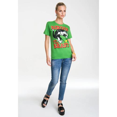 „T-Shirt LOGOSHIRT „“Looney Tunes – Sylvester & Tweety““ Gr. XS, grün (grün, rot) Damen Shirts Print mit lizenziertem“