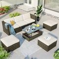 5 Pieces Patio Furniture Set Outdoor Wicker Sofa Set Patio Rattan Furniture Sectional Sofa Set with Coffee Table and Cushion for Garden Lawn Backyard Beige