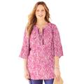 Plus Size Women's Liz&Me® Lace-Up Bell Sleeve Peasant Blouse by Liz&Me in Pink Burst Paisley (Size 1X)