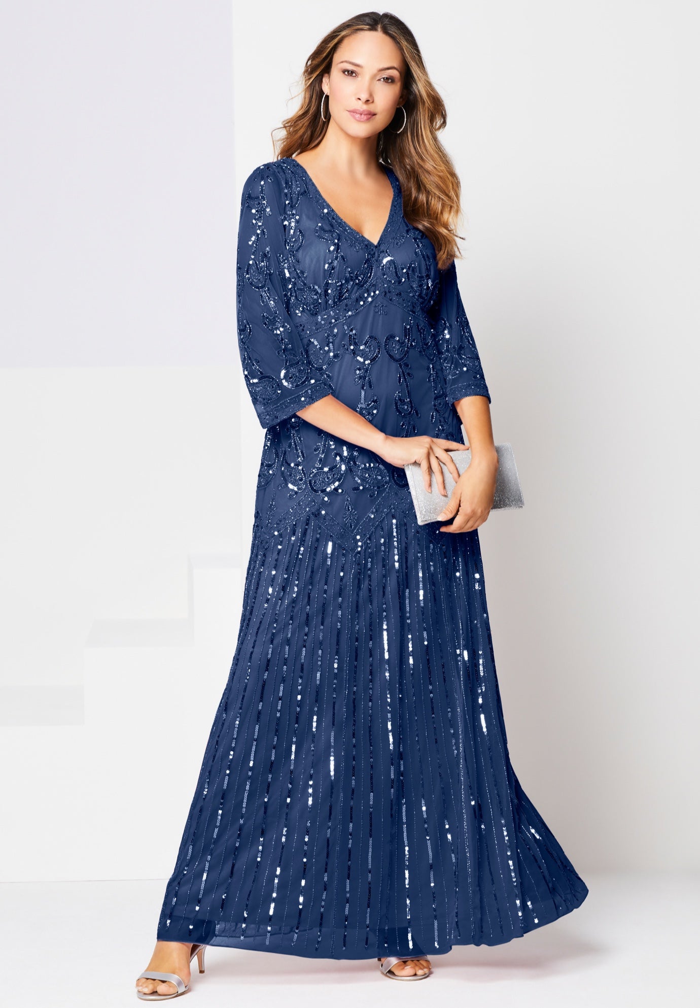 Plus Size Women's Plus Size Beaded V-Neck 3/4 Sleeve Sleeve Maxi Gown by Roaman's in Evening Blue (Size 14 W) Formal Evening
