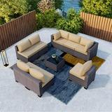 Gotland Outdoor Patio Furniture Set 9 Piece Sectional Rattan Sofa Set Rattan Wicker Patio Conversation Set with 8 Seat Cushions and 1 Tempered Glass Table Sand