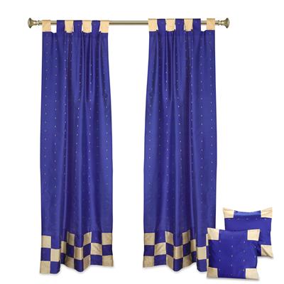 4 Pc Set Indian Sari Curtains & Cushion Covers Boho Tab Top Living Room Bedroom