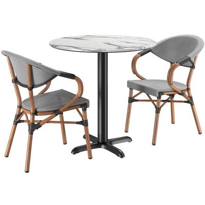 Lancaster Table & Seating Excalibur Bistro 31 1/2" Round Versilla Standard Height Table with 2 Black and White Arm Chairs