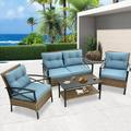 enyopro All-Weather Rattan Patio Furniture Set of 4 Outdoor Cushioned Conversation Set with Arm Chairs and Coffee Table Sectional Couch Chair Set for Patio Deck Backyard Garden Poolside K3031