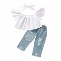 Headband Baby + Jeans 16Y Toddler Shoulder Hole Set Off Outfits 3PCS Denim Crop Tops Kids Girls Pants Girls Outfits&Set Baby Shoes Little Girl Fashion Outfits