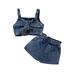 Calsunbaby Kids Little Girls 2PCS Jeans Sets Sling Plain Tie-Up Zip-Up Crop Camisole + Ruffle Short Denim Shorts Dark Blue 3-4 Years