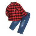 Kids Toddler Baby Boys Shirt Jacket Plaid Letter Long Sleeve Coat Outwear Jeans Pants Outfit Set 2PCS Clothes 5t Boys Clothes Outfits