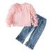 Toddler Kids Baby Girls Flower Lace Tulle Sleeve T Shirt Tops Crop Denim Jeans Long Pants 2PCS Outfits Clothes Set Baby Receiving Blanket And Headband Set