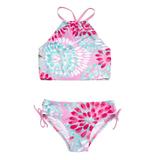 Toddler Swimsuit Girl 2 Pcs Swimwear Floral Tops Drawstring Bikini Bottoms Suit Water Drop Print Bikini