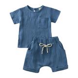 Toddler Kids Baby Boy Girl Solid Pullover Short Sleeve Cotton Linen Sweatshirt T Shirt Crewneck Tops Shorts Set Clothes