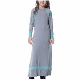 SOOMLON Maxi Long Women Dress Kaftan Casual Abaya Dress Long Dress Long Sleeve V Neck Color Block Dress Princess Dresses Ramadan Gray 14-15 Years