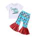 Baby Girl Outfit Short Sleeve T Shirt Tops Cartoon Cow Printed Bell Bottoms Pants Kids Outfits For 12-18 Months