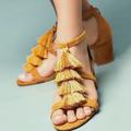 Anthropologie Shoes | Euc Anthropologie Tassel Heeled Block Sandals Goldenrod Mustard Yellow Size 7.5 | Color: Gold/Yellow | Size: 7.5