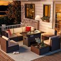 Latitude Run® Caradog Wicker 6 - Person Patio Conversation Sets w/ Cushions Coffee Table & Fire Pit Synthetic Wicker/All | Wayfair