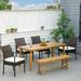 Outsunny Outdoor Dining Set, Patio Table and Chairs Set of 6, PE Wicker Seats, Armrests, Acacia Wood Loveseat Bench