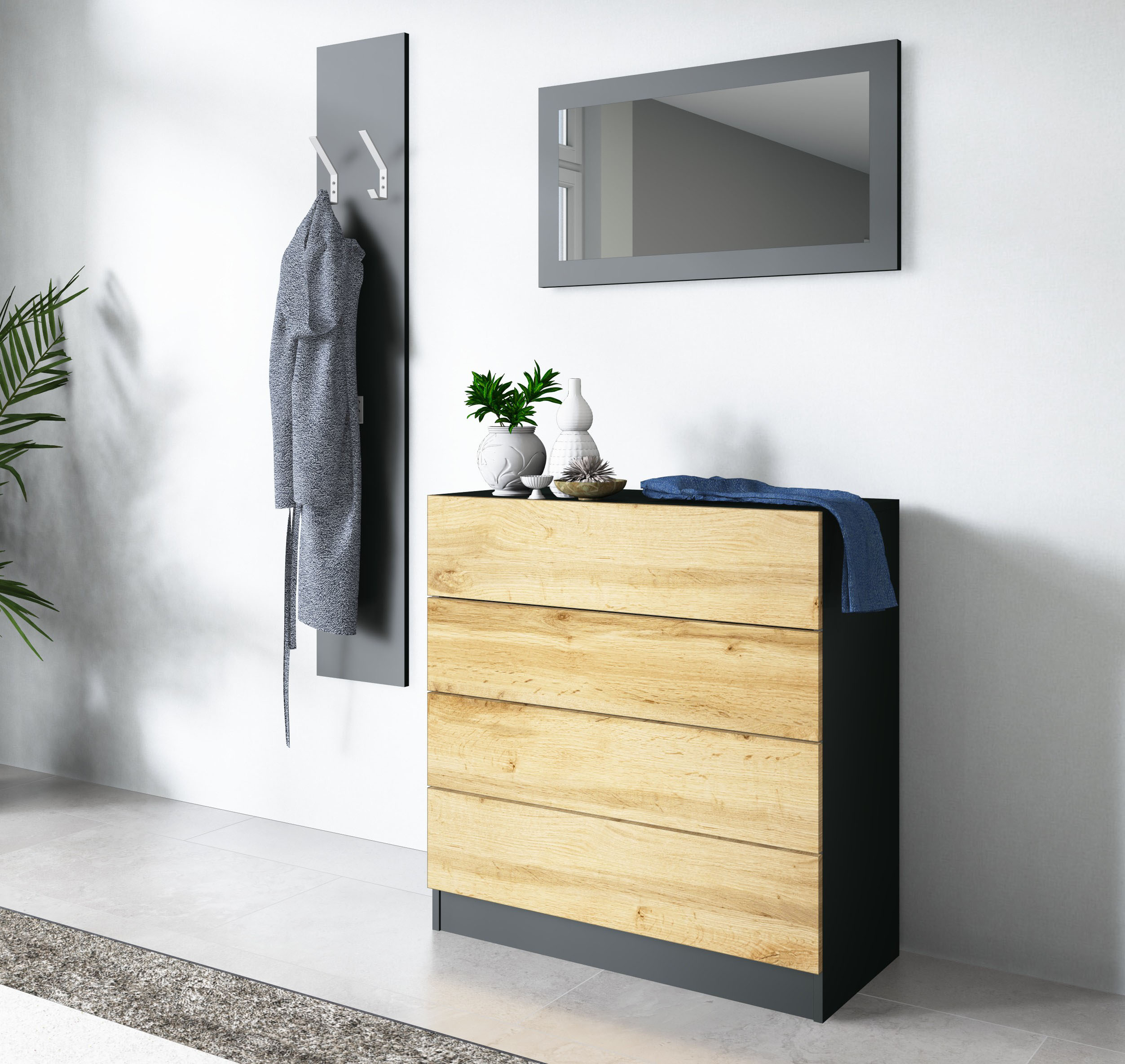Garderoben-Set BORCHARDT MÖBEL "Vaasa 3", schwarz (schwarz matt, eichefarben wotan), Kastenmöbel-Sets, mit Push to Open-Funktion