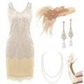 BABEYOND Damen Flapper Kleider 1920er Jahre V-Ausschnitt Perlen Fransen Great Gatsby Kleid, Set - Beige, M